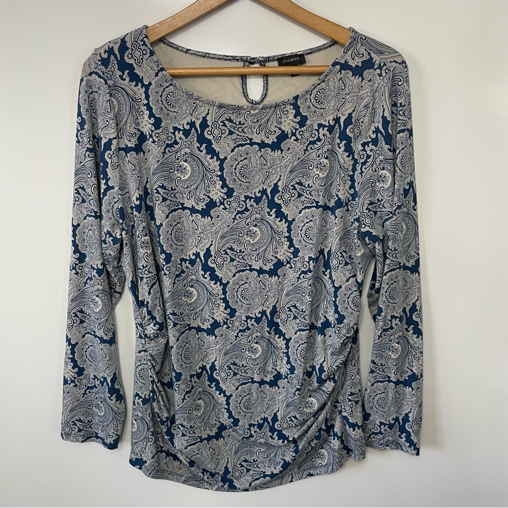 Talbots Paisley Long Sleeve Stretchy Top Ruching Blue Cream Womens XL Office